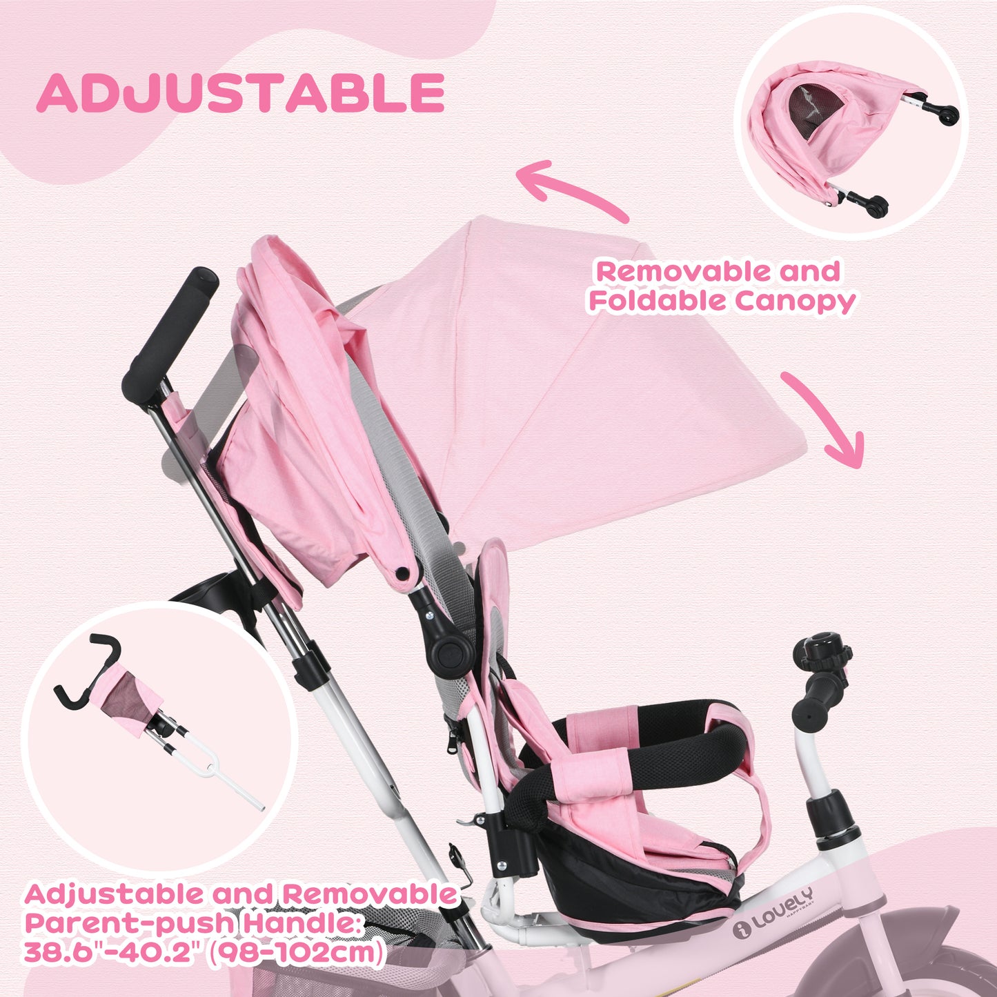 HOMCOM 4 in 1 Kids Trike Push Bike w/ Push Handle 5-point Safety Belt for 1-5 Year olds Pink
