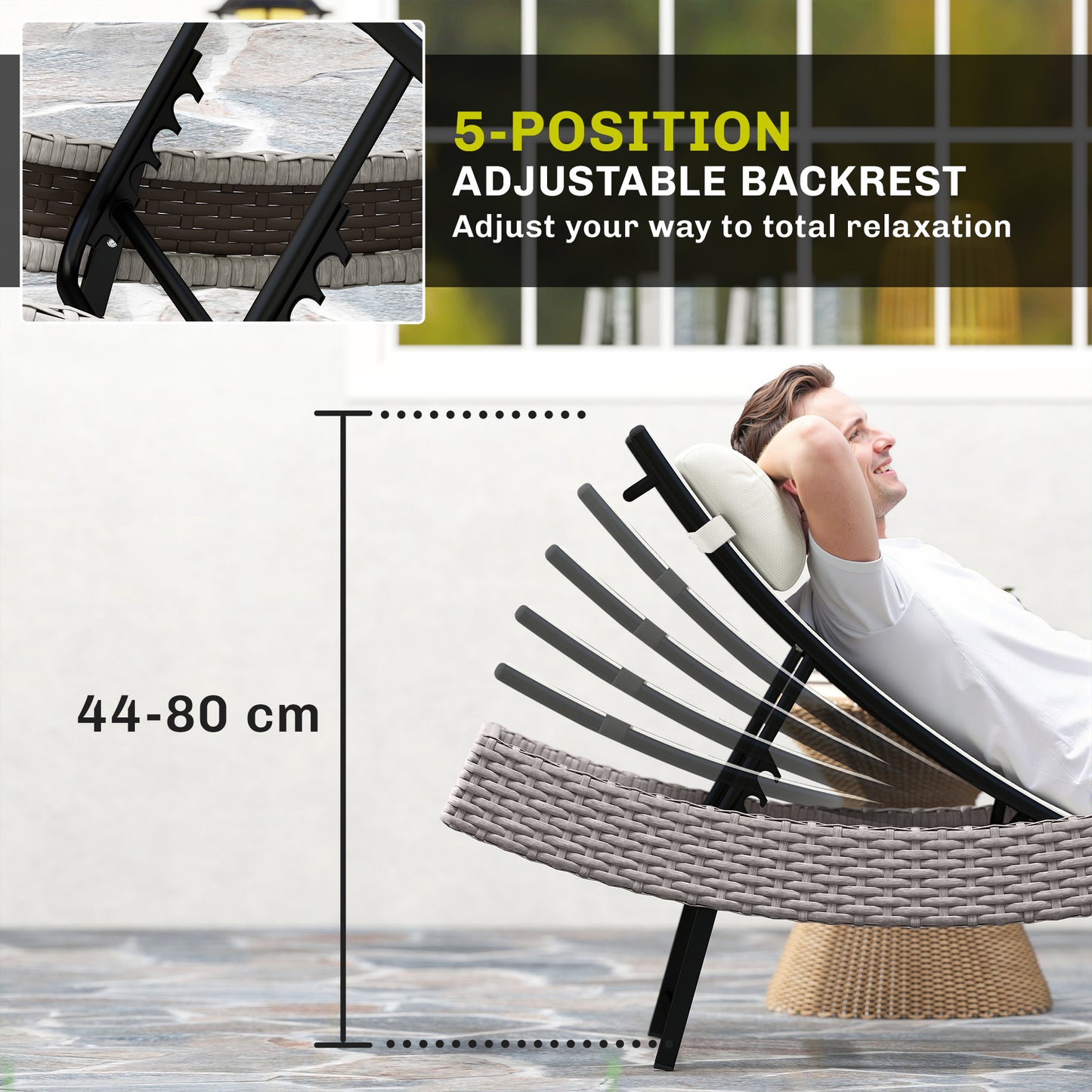 Outsunny Rattan Sun Lounger, Garden Recliner with 5 Position Adjustable Back, S Shaped Texteline Seat, Headrest, Cream White