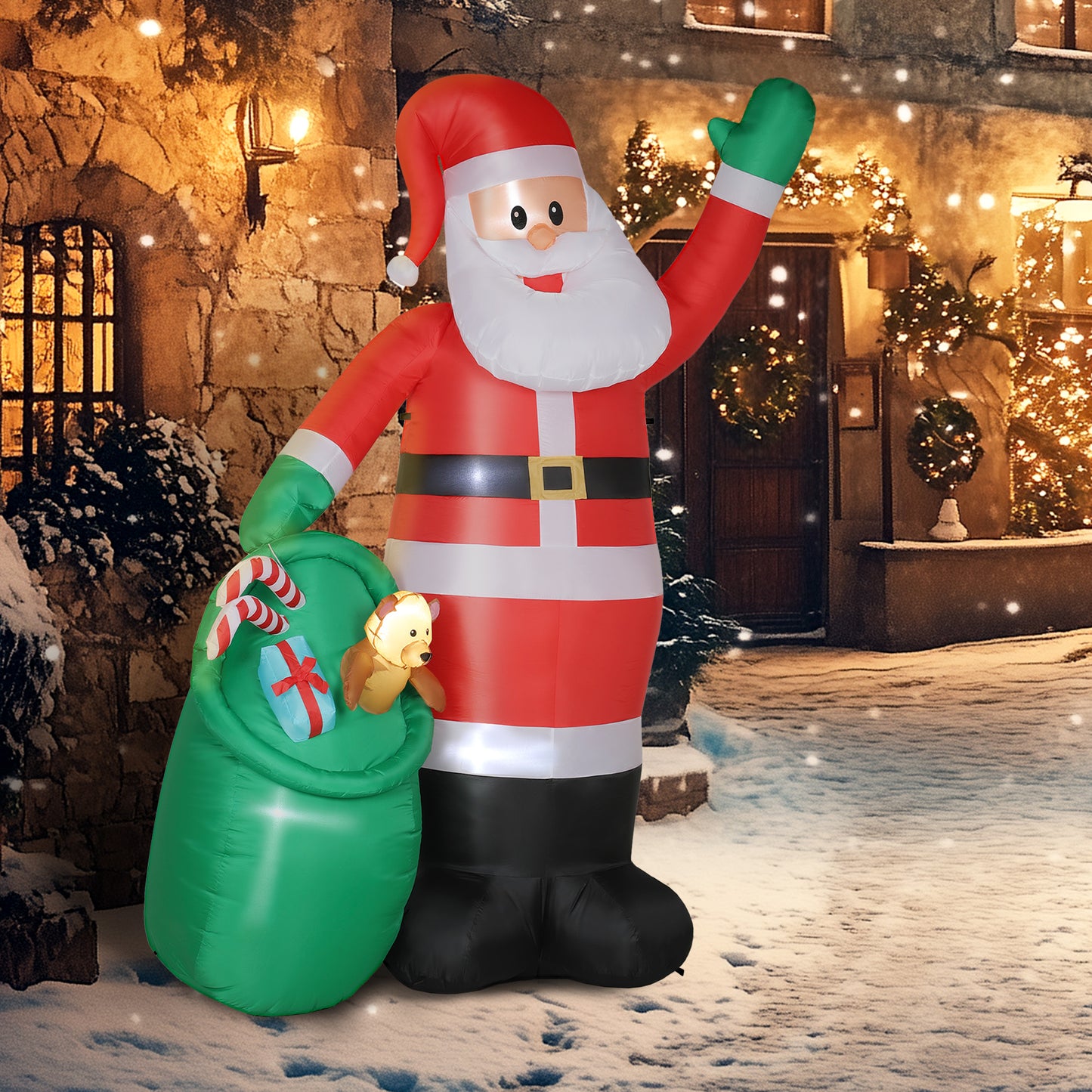 Outsunny 9ft Santa with Bear Sack, Inflatable Christmas Decoration with LED Lights for Garden, Indoor/Outdoor Home Decor