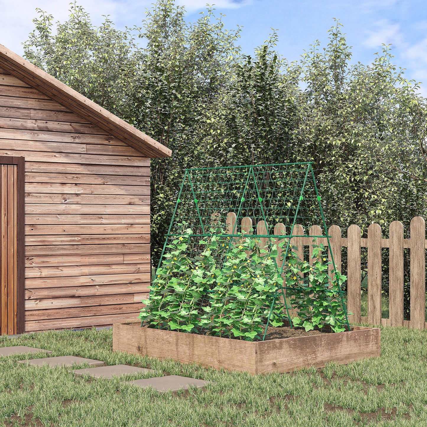 Outsunny Garden Cucumber Trellis A-Frame Plant Support with Climbing Net, Adjustable for Raised Beds, Vegetables, Flowers, Fruit, Green