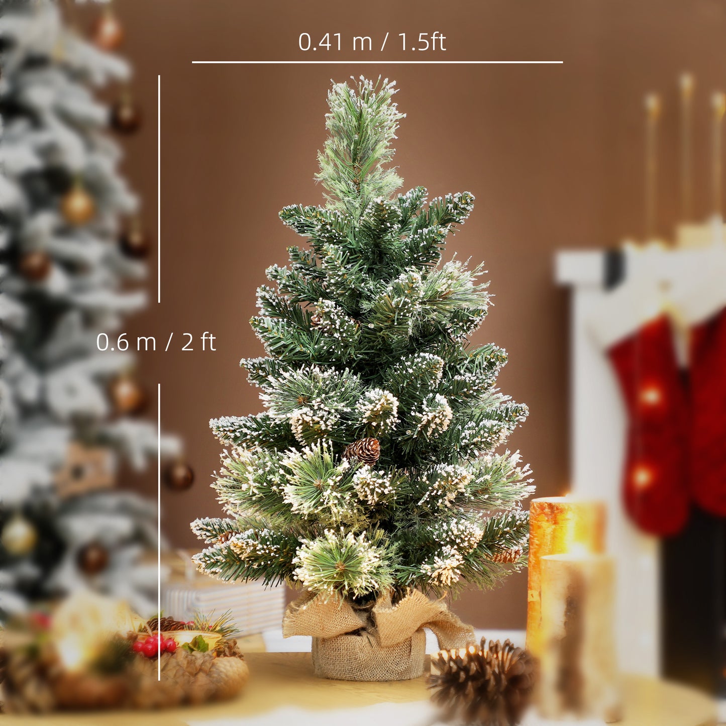 HOMCOM 60cm Prelit Christmas Tree, Snow Flocked Tabletop with 35 LED Lights, Pine Cones, Linen Base, Battery Operated, Green