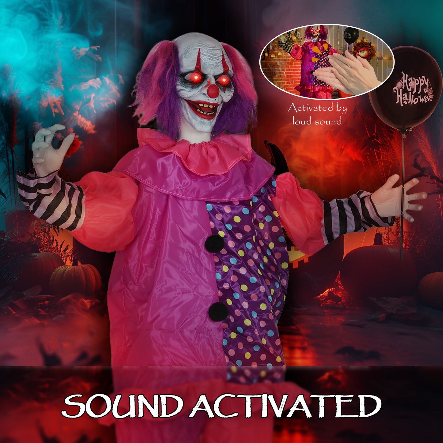 Outsunny Life Size Halloween Animated Clown with Light Up Eyes, Sound Activated, Moving Body, Battery Operated, Indoor Props, 175 cm, Red Eyes