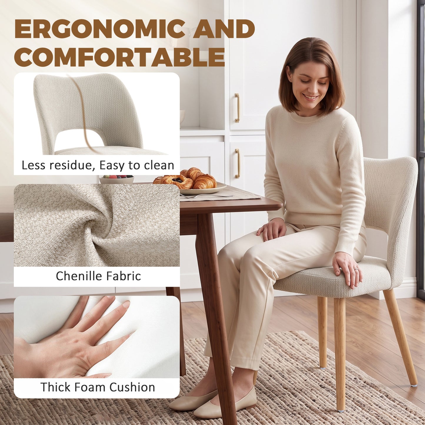 HOMCOM Dining Chairs Set Upholstered Kitchen Chenille Tool Free Assembly Rubberwood Legs, Beige