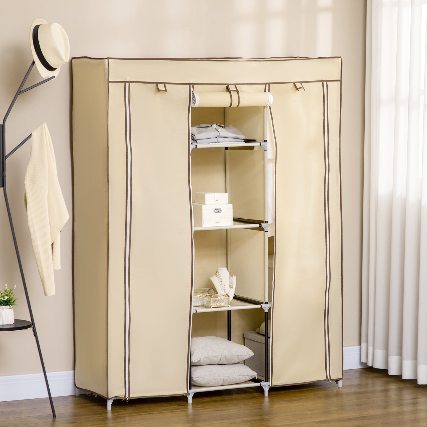 HOMCOM Fabric Wardrobe, Portable Wardrobe, Clothes Storage Unit with 8 Shelves, 2 Hanging Rods, 125 x 43 x 162.5 cm, Beige