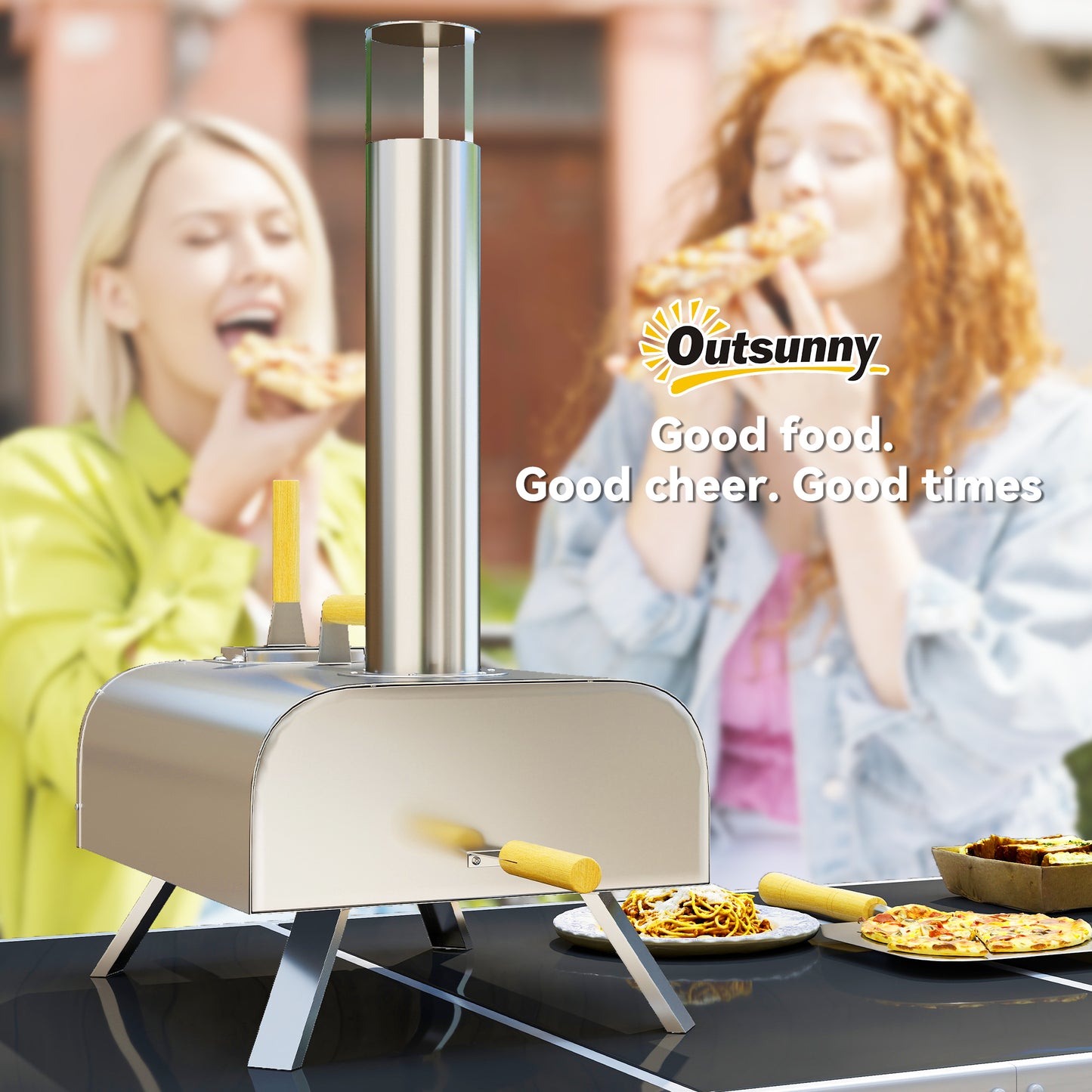 Outsunny Portable Wood Pellet Pizza Oven with Stone & Peel, Foldable Legs, Chimney, 12" Wood Fired Pizza Maker, Stainless Steel for Outdoor Cooking