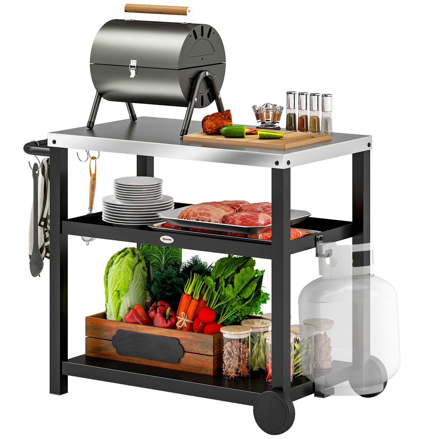 Outsunny Outdoor Grill Dining Cart, 3-Shelf Pizza Oven Table with Stainless Steel Top, Portable BBQ Trolley with Wheels, Charcoal Grey
