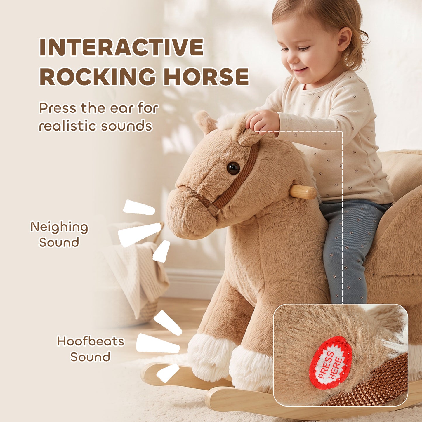 AIYAPLAY Kids Rocking Horse, Children Plush Ride On Animal Rocker w/Sound, Seat Belt, Wood Base Seat for Toddlers 18-36 M, Brown
