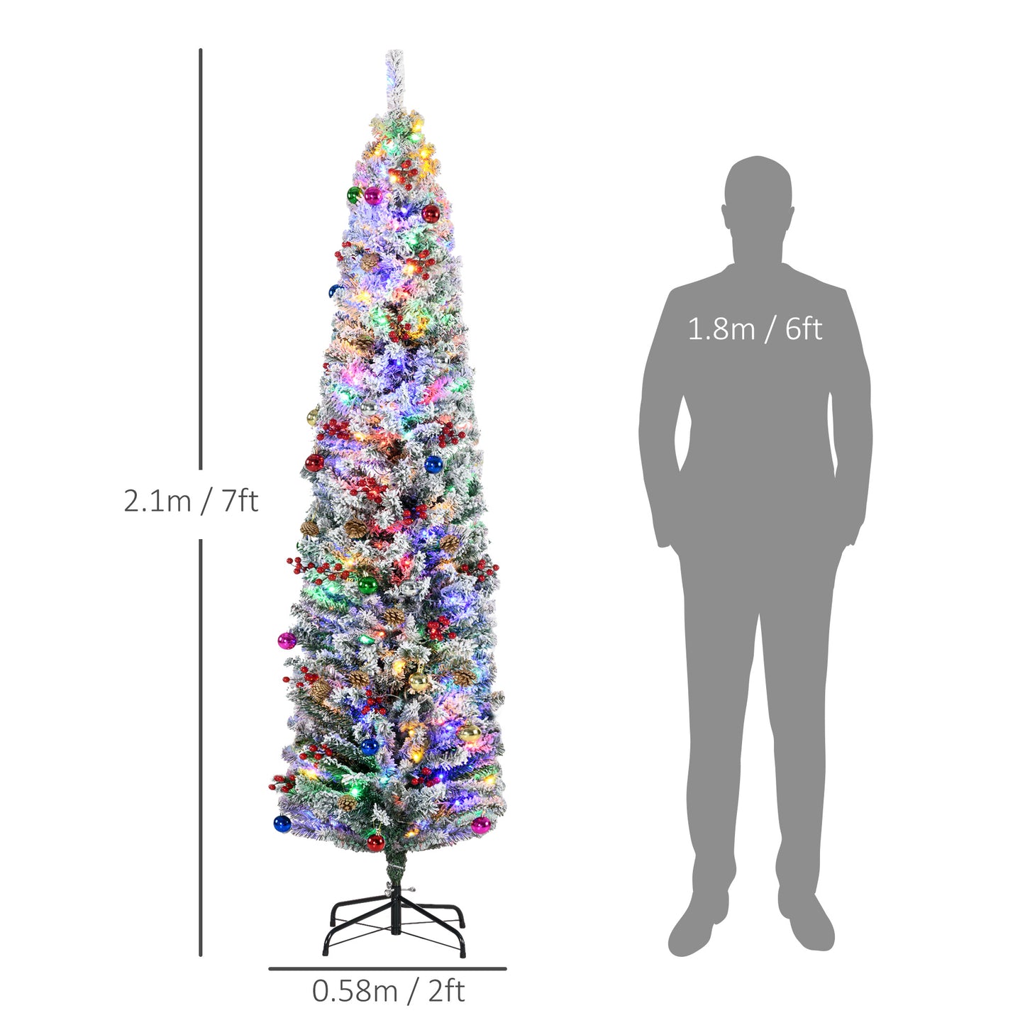 HOMCOM 7' Artificial Prelit Christmas Trees Holiday Décor with Colourful LED Lights, Flocked Tips, Berry, Pine Cone