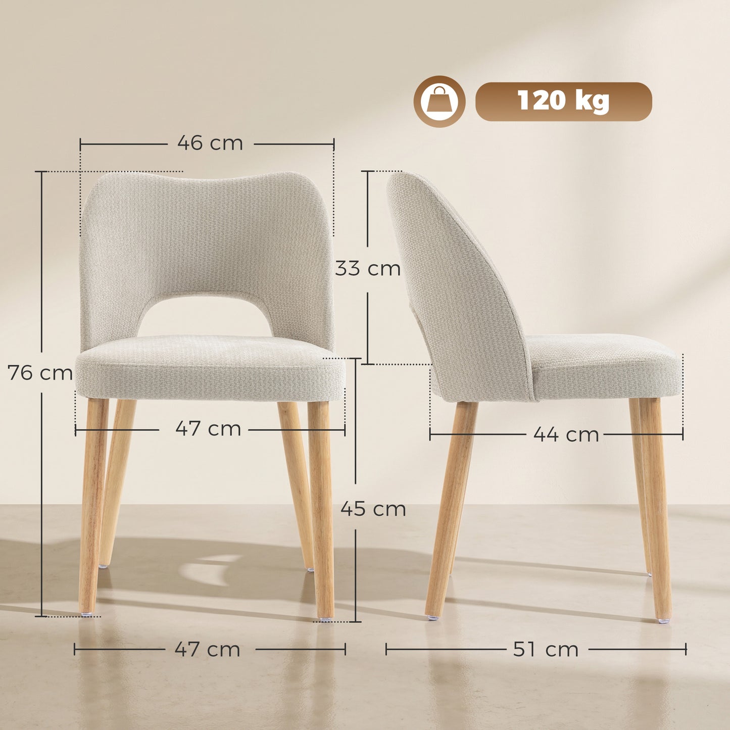 HOMCOM Dining Chairs Set Upholstered Kitchen Chenille Tool Free Assembly Rubberwood Legs, Beige