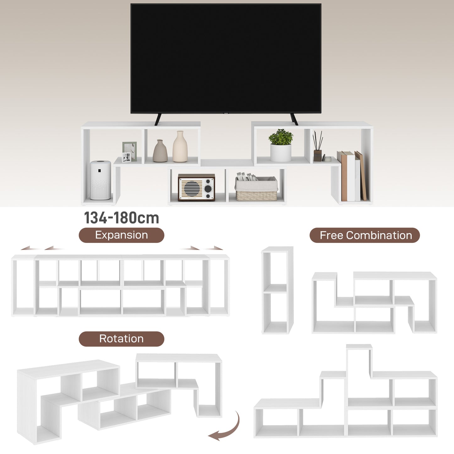 HOMCOM TV Stand for TVs up to 75", Storage Shelves, Extendable Unit, White Wood Grain