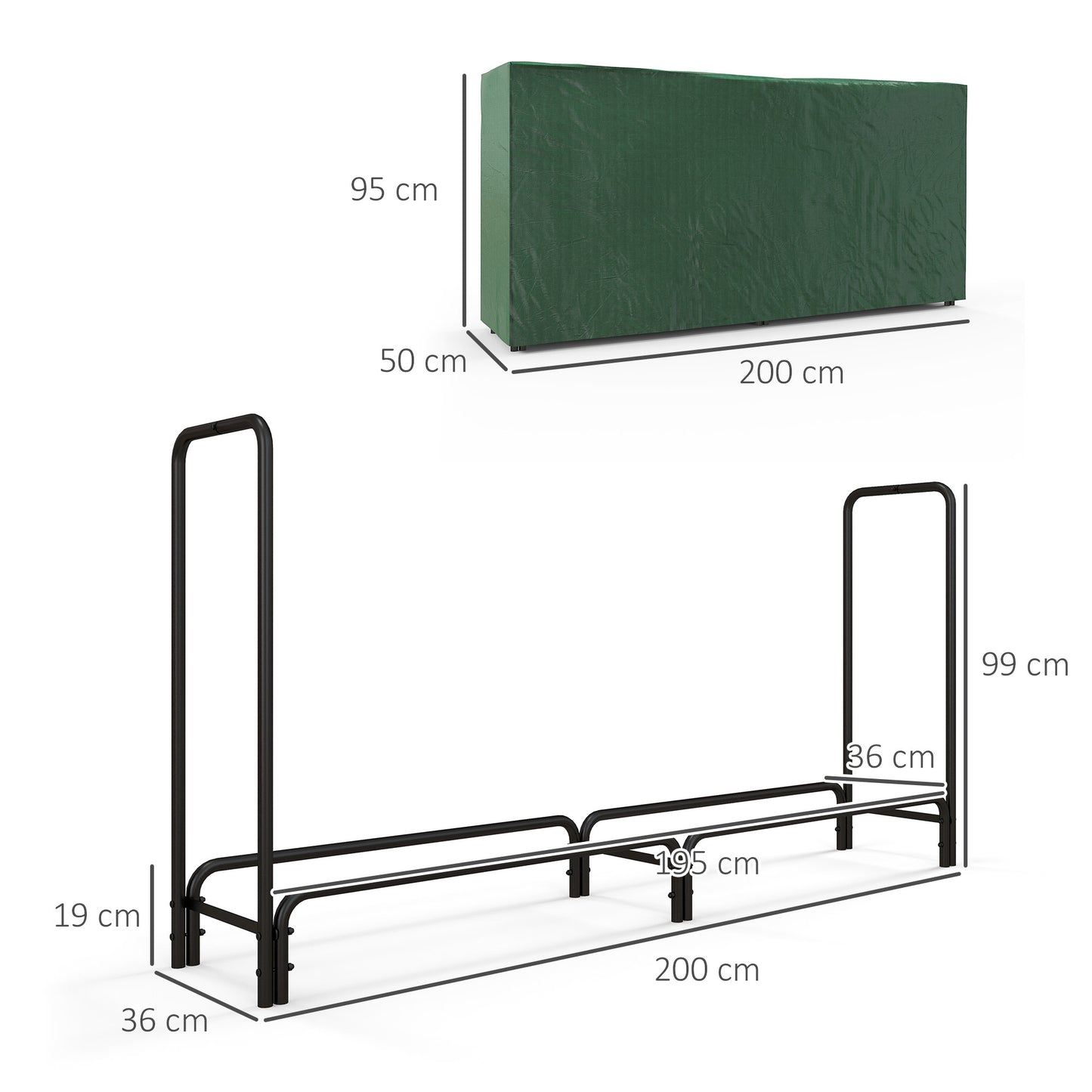 Outsunny Firewood Rack, Heavy Duty Metal Log Holder for Indoor/Outdoor Fireplace, Includes Waterproof Cover, 200 x 36 x 99 cm, Dark Green