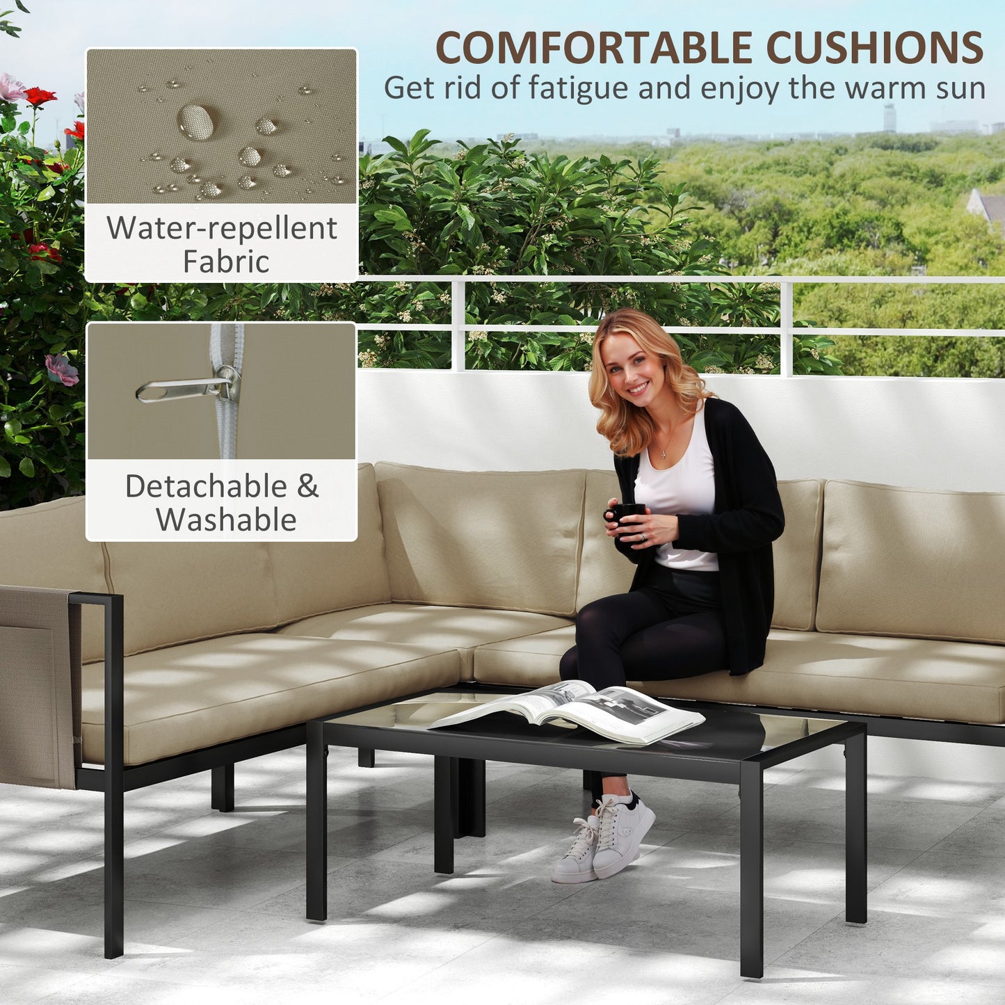 Outsunny 4 Pc Metal Garden Furniture Set w/ Glass Coffee Table, Mesh Pocket, Sofa Loveseat, Padded Cushions, Khaki