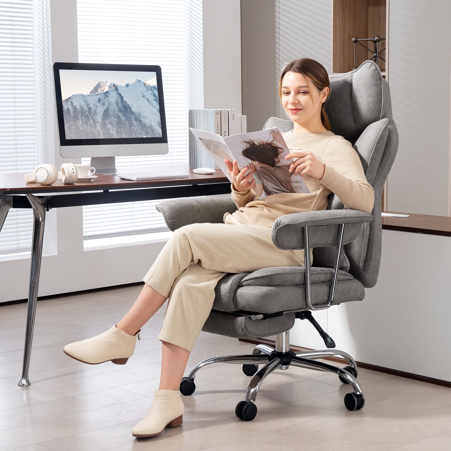 HOMCOM Leathaire Reclining Office Chair with Lumbar Support Pillow - Grey