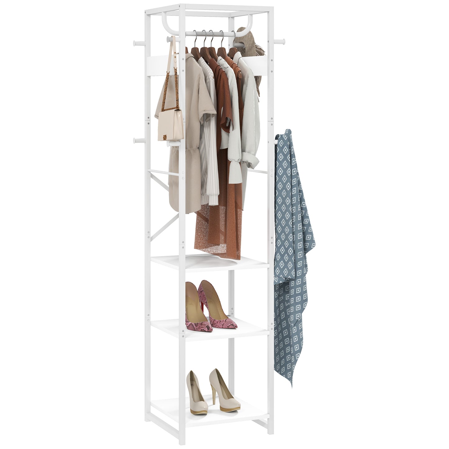 HOMCOM Clothes Rail with Storage Shelf and Hooks, Freestanding Clothes Rack for Entryway, Living Room, Bedroom, White Wood Grain
