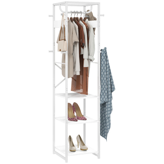 HOMCOM Clothes Rail with Storage Shelf and Hooks, Freestanding Clothes Rack for Entryway, Living Room, Bedroom, White Wood Grain