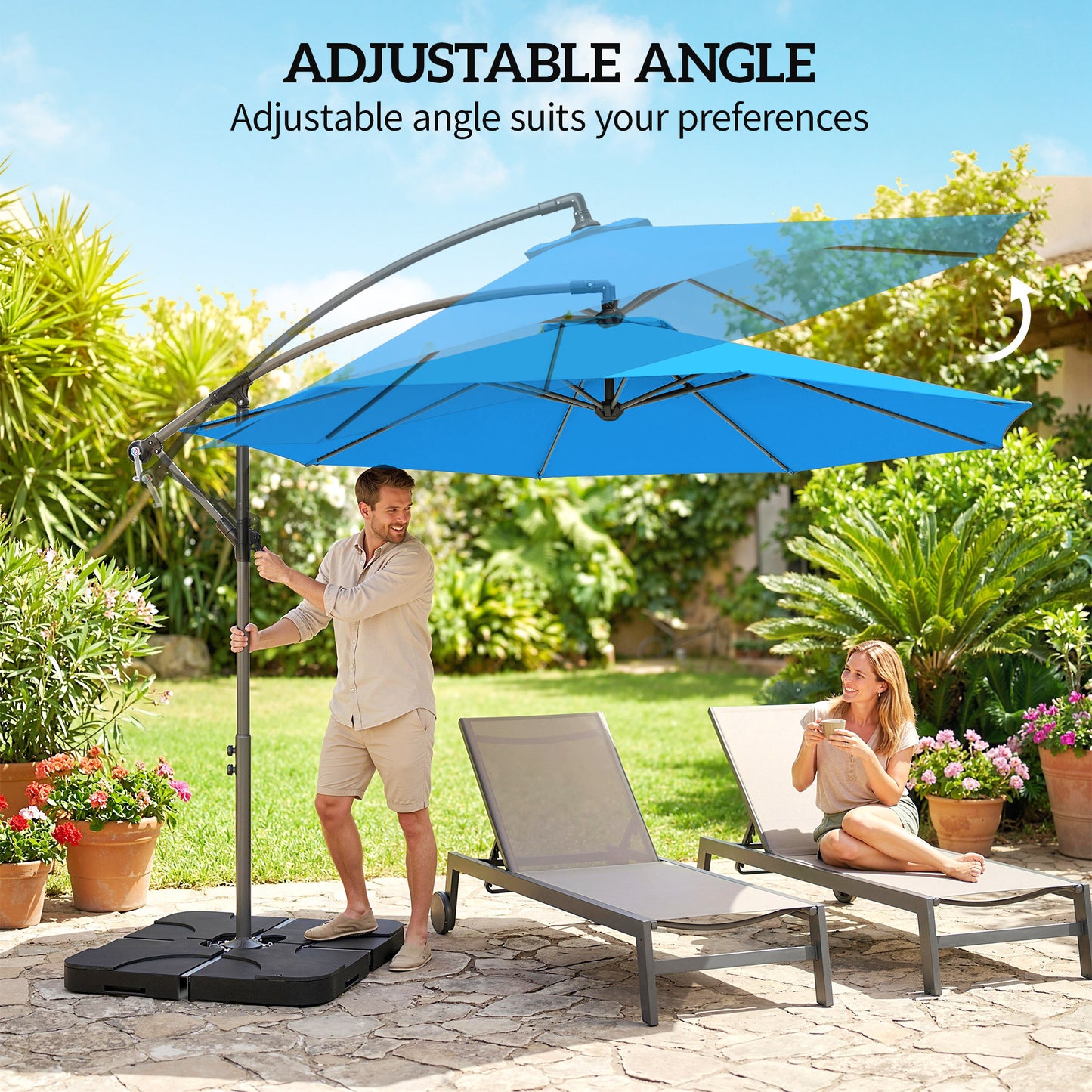 Outsunny 3m Overhanging Parasol, with Base, Weights and Cover - Blue