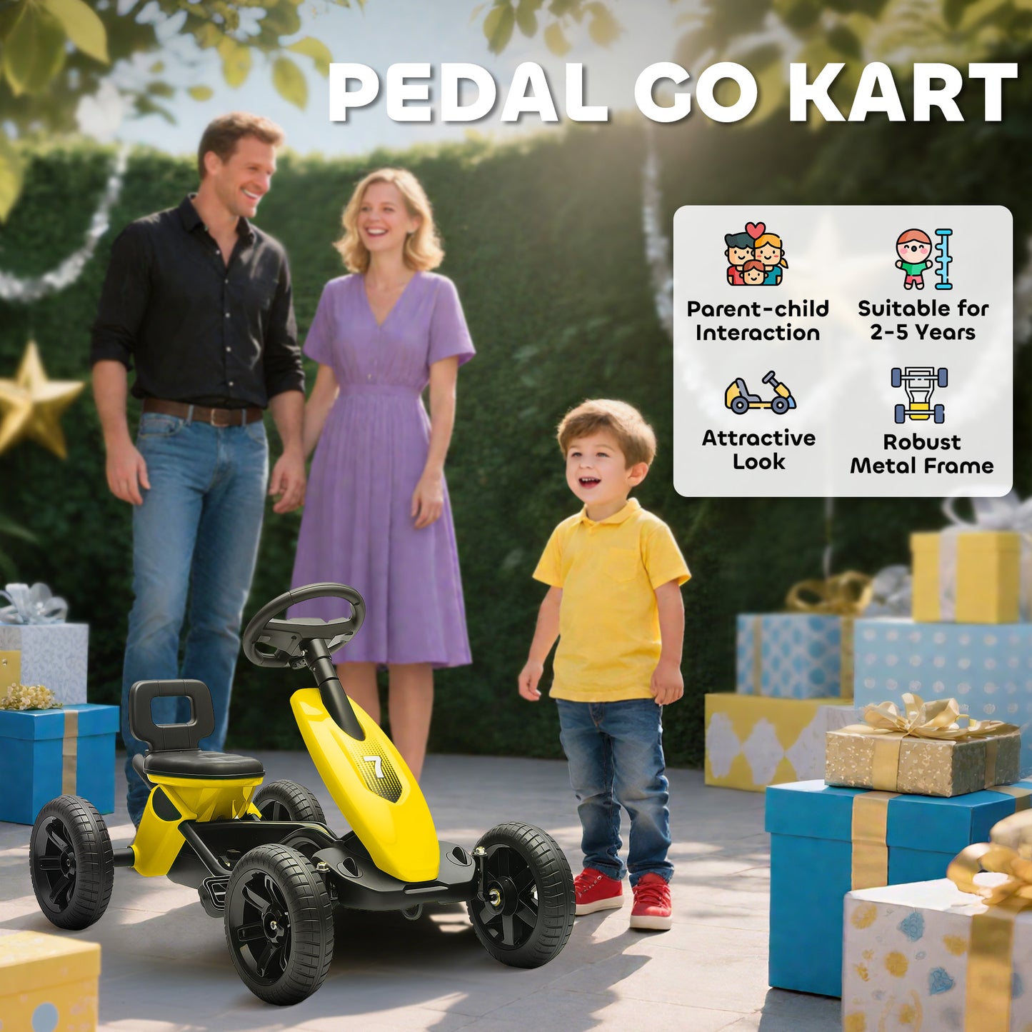 AIYAPLAY Pedal Go Kart for Kids 2-5 Years, with Silent EVA Wheels, Metal Frame, Yellow