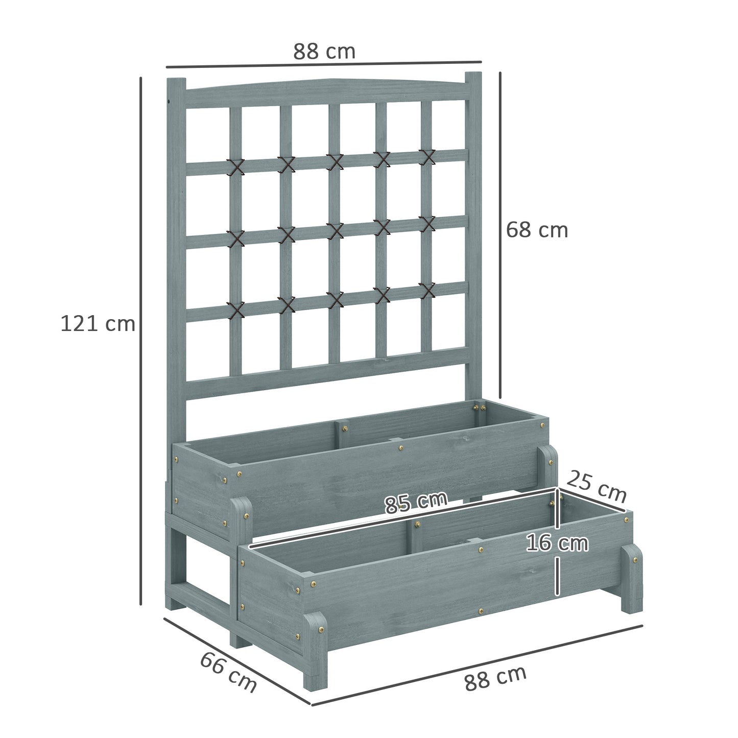Outsunny Raised Garden Bed with Trellis, Wooden Elevated Planter Box, Drainage Holes, for Plants, Fruits, Vegetables, Flowers, Grey