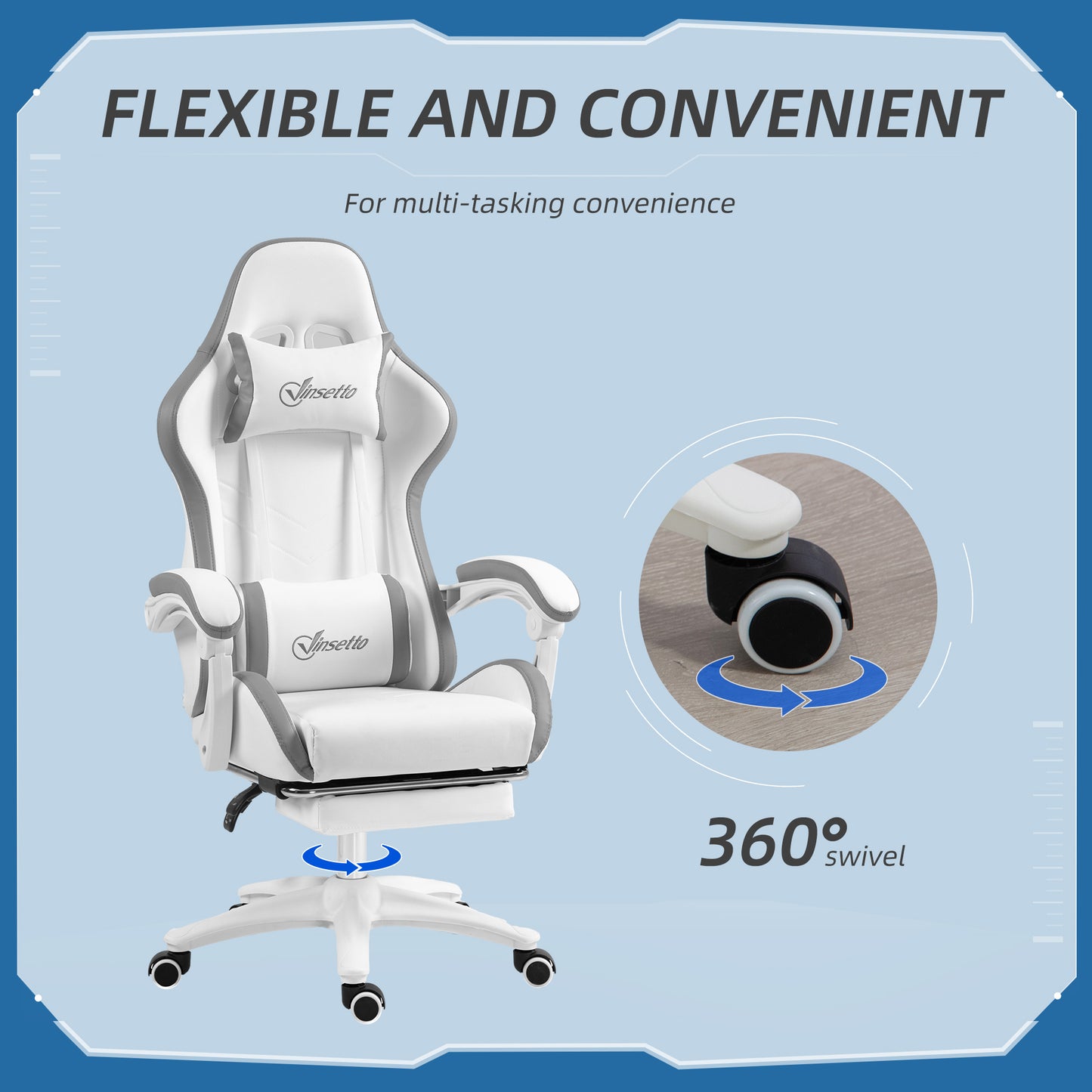 Vinsetto Racing Gaming Chair, Reclining PU Leather Computer Chair with 360 Degree Swivel Seat, Footrest, Removable Headrest and Lumber Support, White and Grey