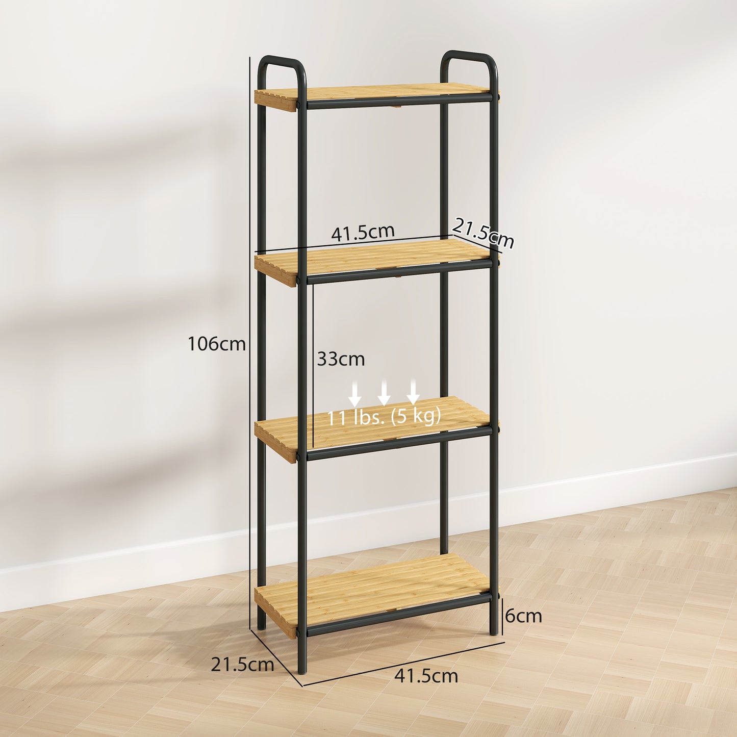 HOMCOM 4-Tier Bamboo Bathroom Storage Shelf, Freestanding Narrow Unit with Slatted Shelves, 41.5x21.5x106cm, Natural and Black