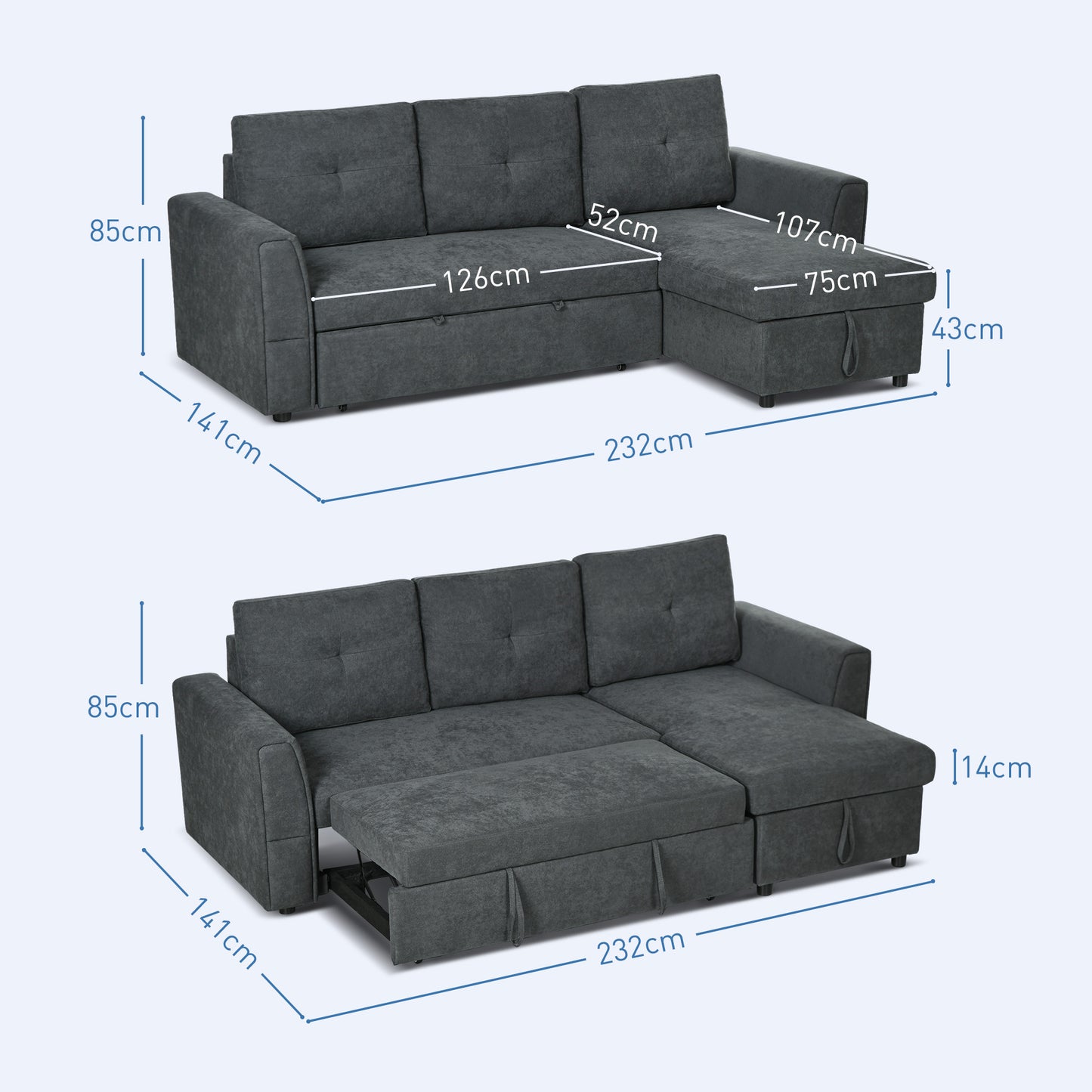 HOMCOM 3 Seater Sofa Bed, L-Shaped Corner Sofa, Pull Out Sofa with Storage Dark Grey