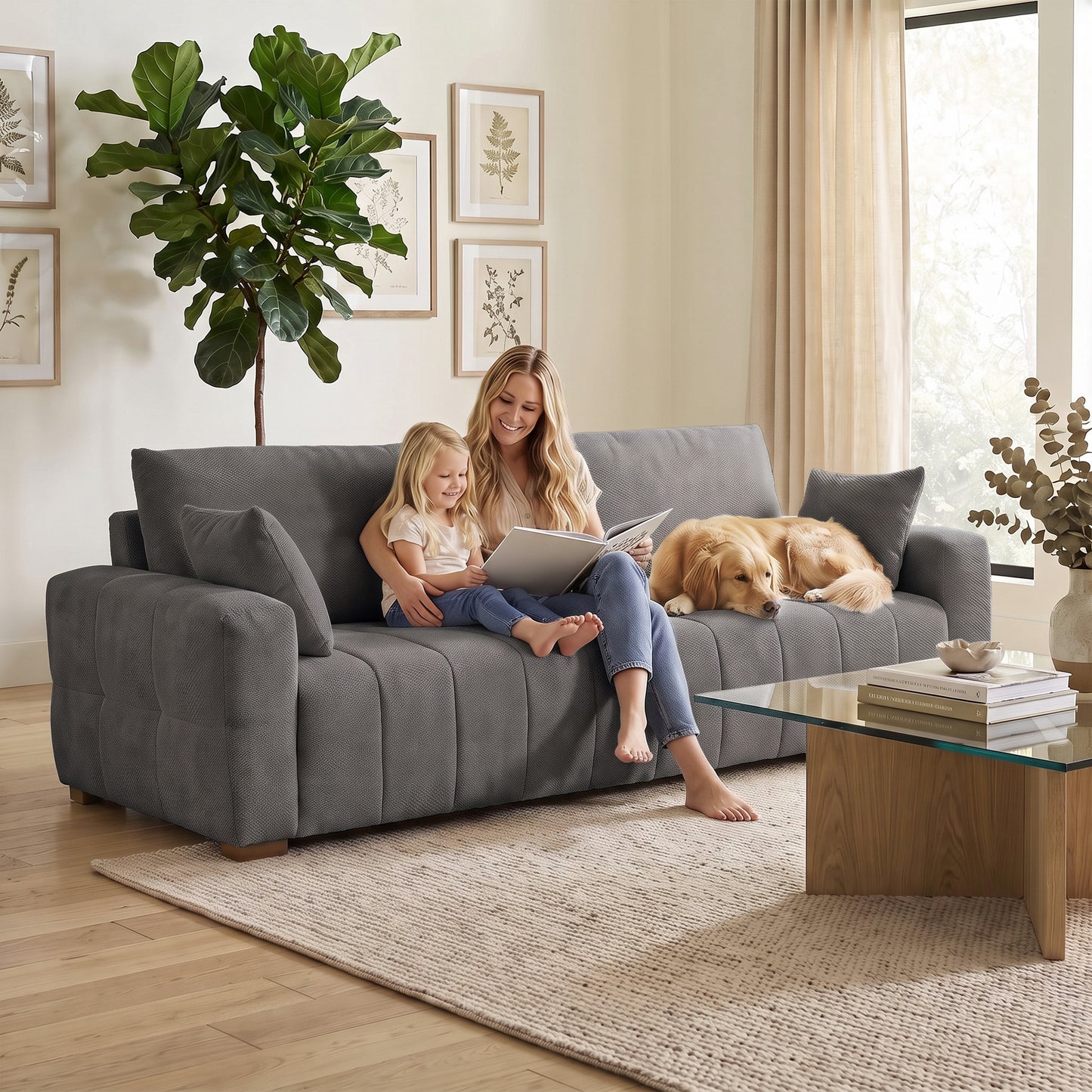 HOMCOM 3 Seater Sofa, Upholstered Velvet Couch for Bedroom with Pillows, Padded Cushion and Wood Legs, Grey
