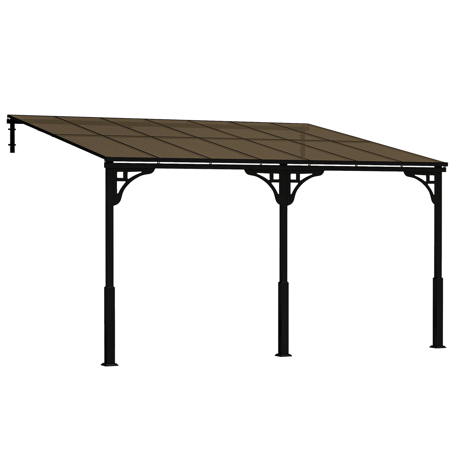 Outsunny 4 x 3 m Metal Lean-to Pergola, Wall-Mounted Garden Pergola and Metal-Aluminium Frame, Heavy Duty Hardtop Gazebo for Outdoor Patios, BBQ, Brown