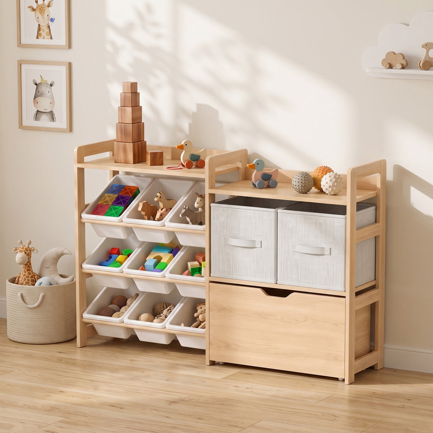 AIYAPLAY Wooden Toy Storage Unit with Rolling Toy Chest, 2 Fabric Drawers, 2 Shelves and 9 Bins for Bedroom, Playroom, Nursery