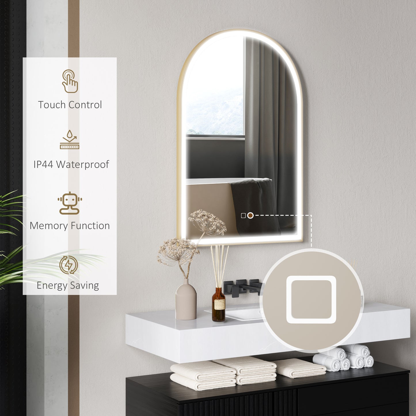 HOMCOM 90 x 60 cm Bathroom Mirror with LED Lights, Anti-Fog Arched Vanity Mirror with 3 Colour Dimmable, Gold Tone