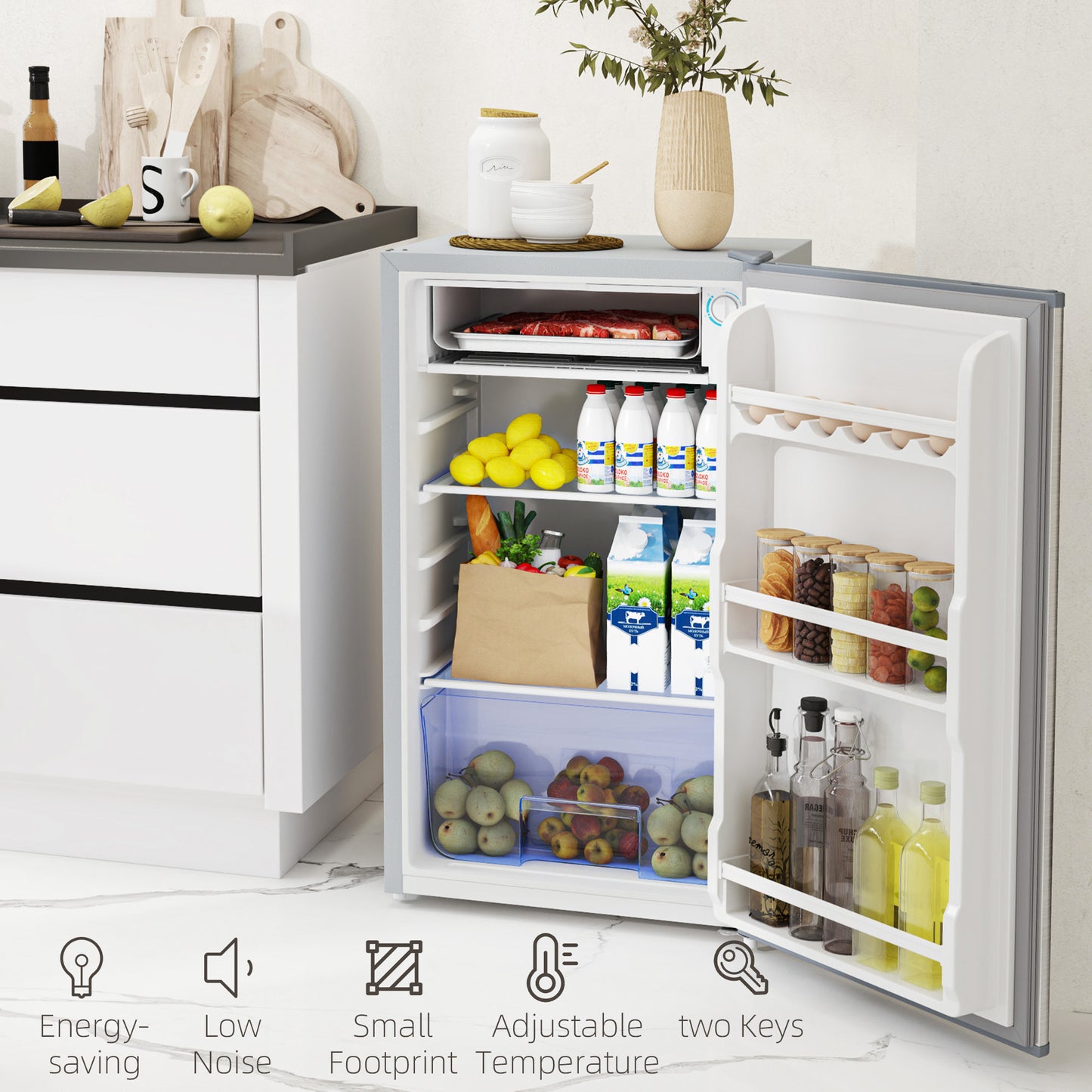 HOMCOM 91L Freestanding Under-Counter Fridge with Lock - Silver Tone