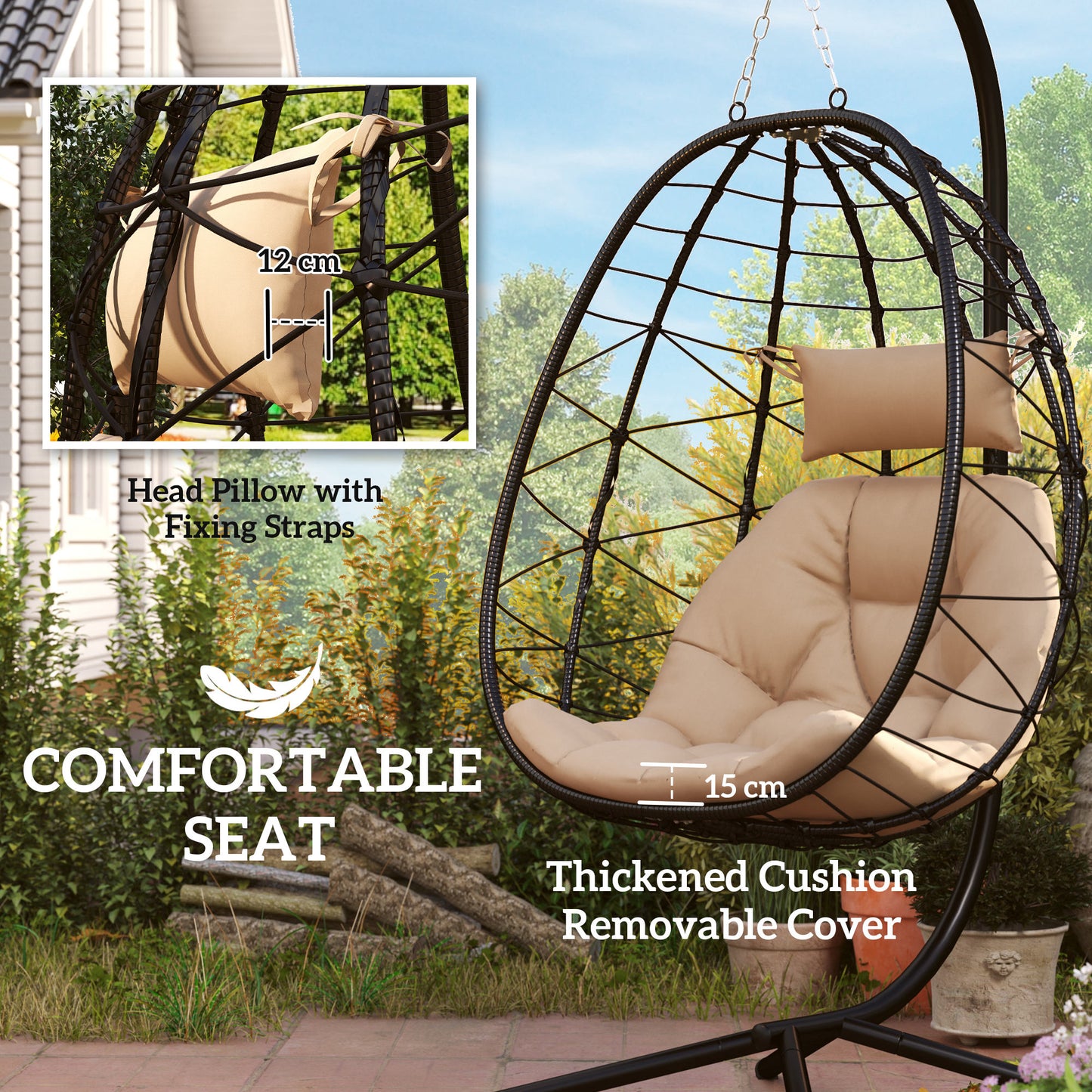 Outsunny Hanging Egg Chair Indoor/Outdoor Swing with Stand, Thick Cushion, Headrest, Khaki