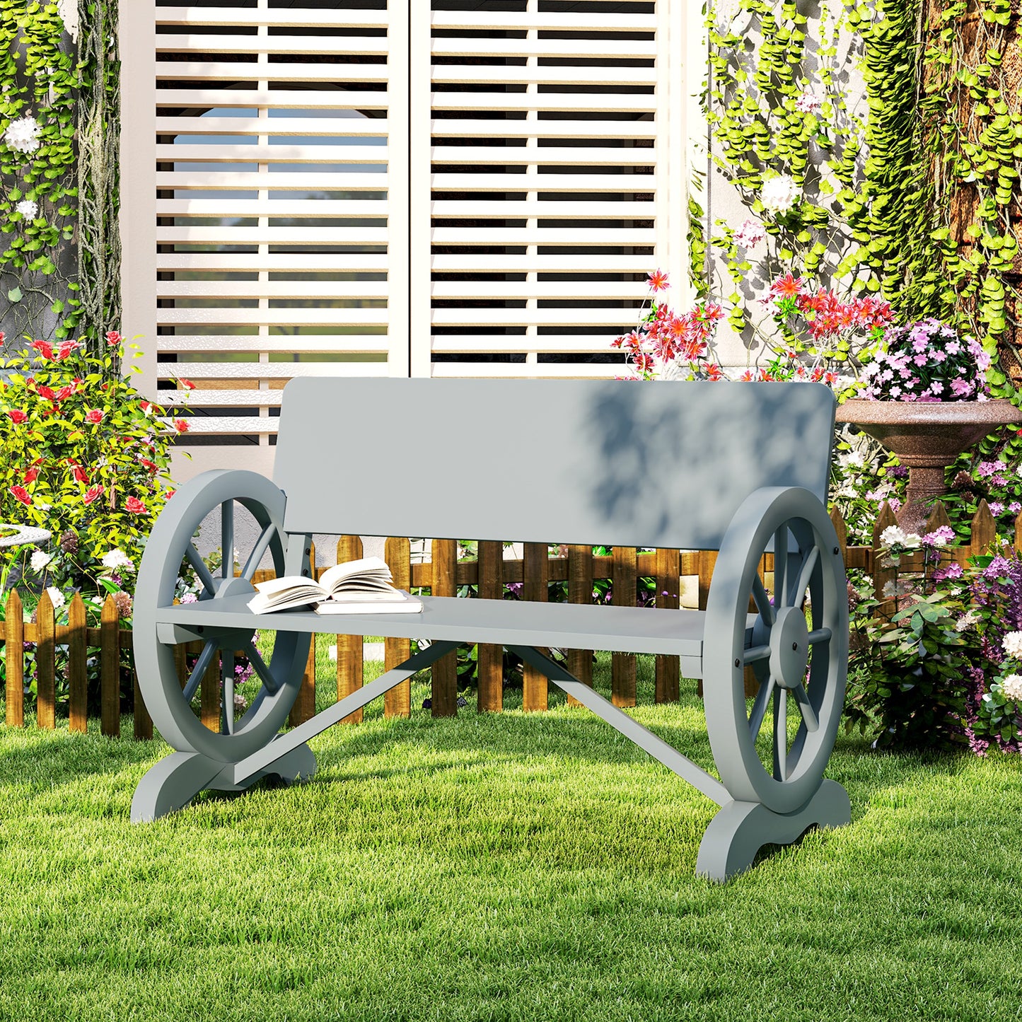 Outsunny Fir Wood 2-Seater Outdoor Garden Wagon Wheel Bench, Grey