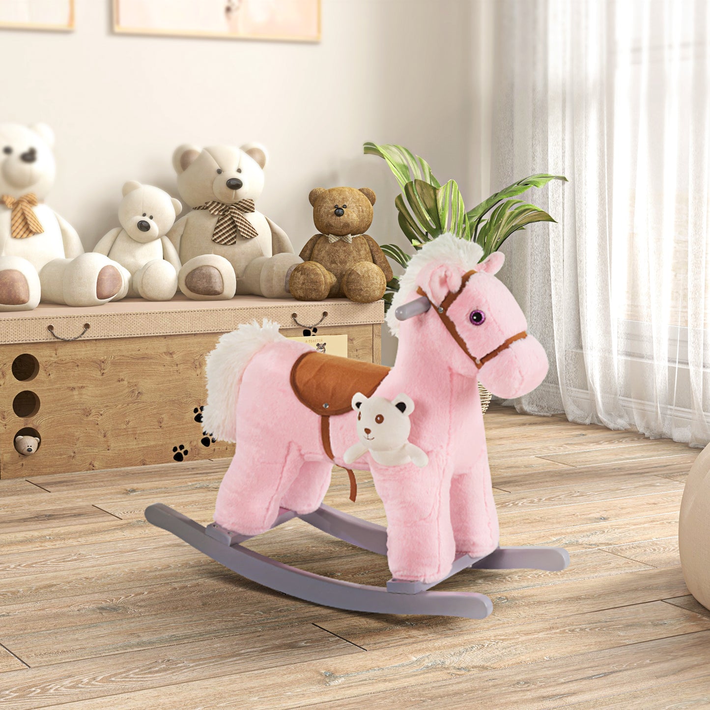 HOMCOM Kids Plush Ride-On Rocking Horse w/ Plush Toy Animal Sounds for 18-36M