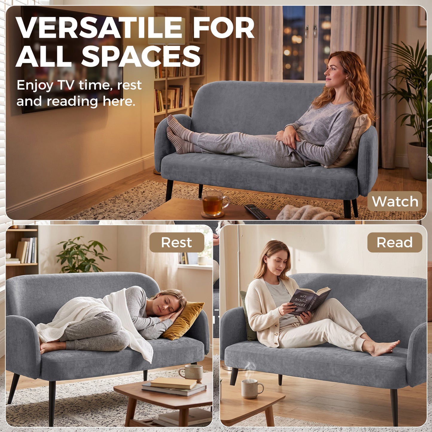 HOMCOM 132cm 2 Seater Sofa, Velvet Comfy Small Sofa Couch with Wide Seat, Thick Padding, Tapered Metal Legs, Light Grey