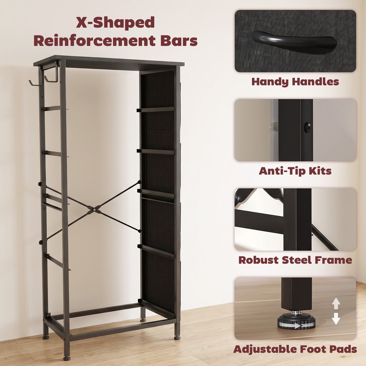 HOMCOM Chest of Drawers, Dresser with 5 Fabric Drawers, Tall Storage Unit with 4 Pockets and 2 Hooks, Steel Frame, Black