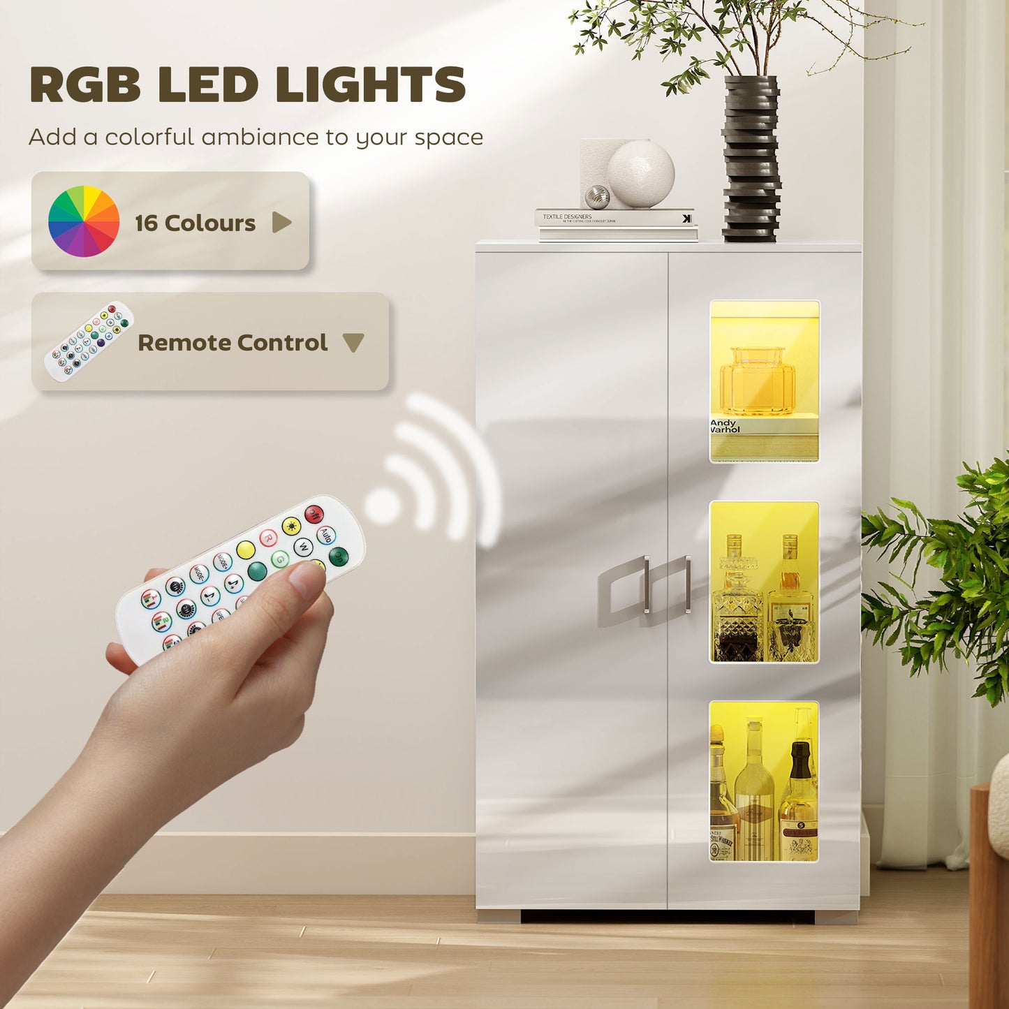 HOMCOM Sideboard, Display Cabinet with 16-Colour RGB LED Lights & Remote, Modern Storage with Glass Doors & Shelves, White