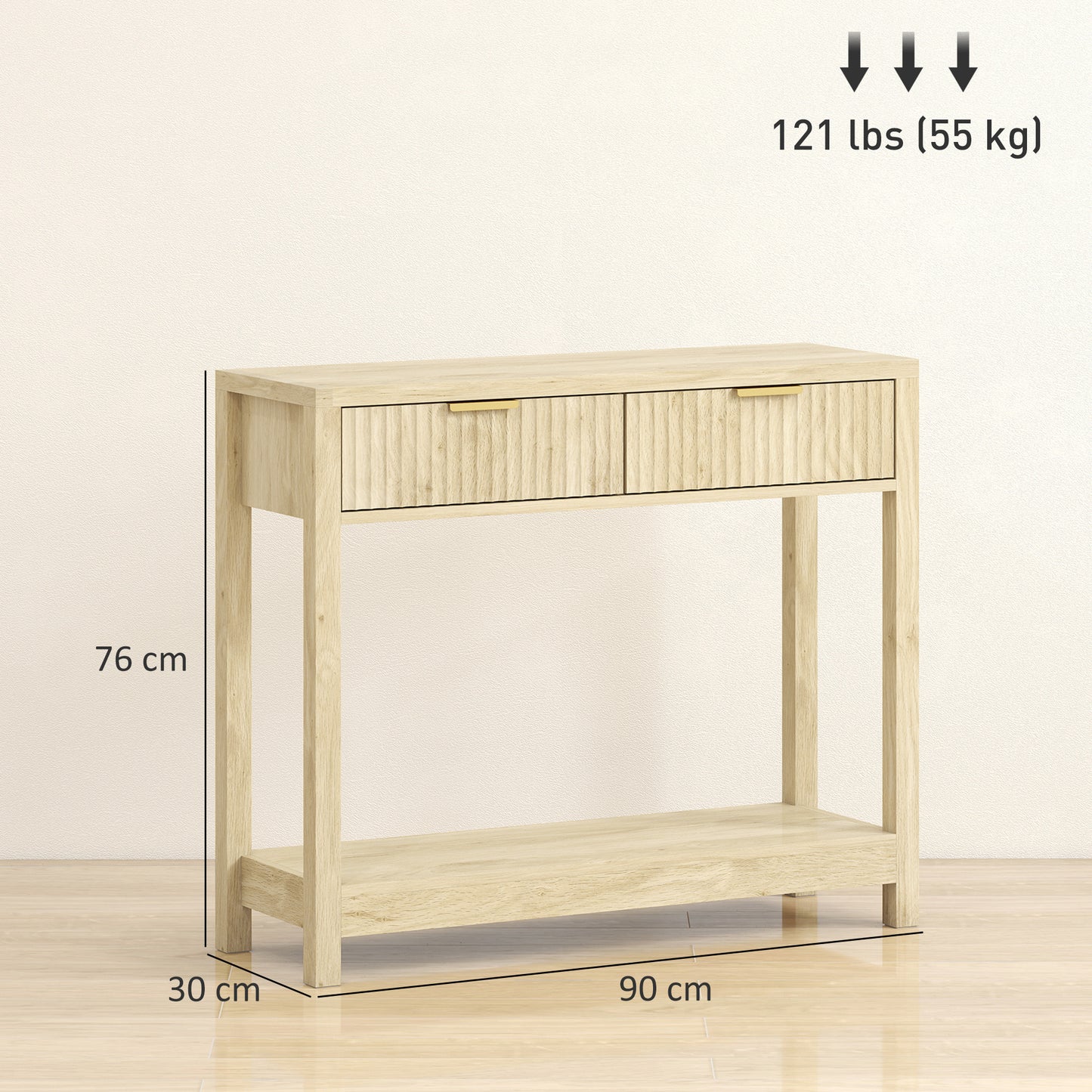 HOMCOM Modern Console Table with Fluted Drawers, Shelf for Entryway or Living Room, 90x30x76 cm, Natural Wood Finish
