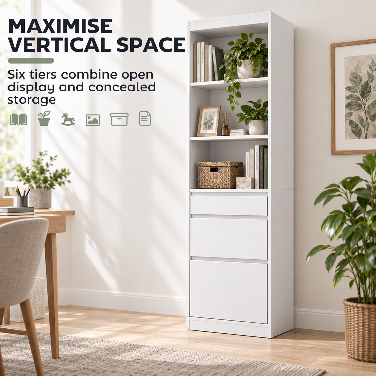 HOMCOM Bookcase with Drawers Adjustable Shelves Book Shelf for Study Living Room White