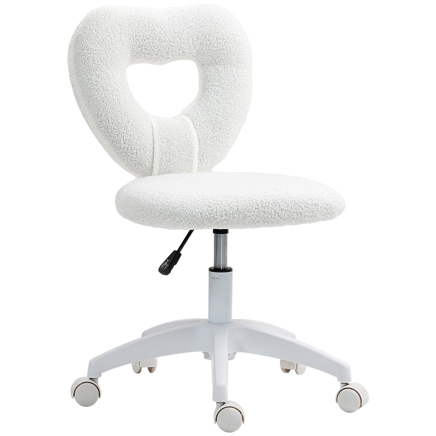 HOMCOM Armless Heart Computer Desk Chair, Swivel Office/Vanity Chair, Height Adjustable with Wheels, Teddy Fleece, White