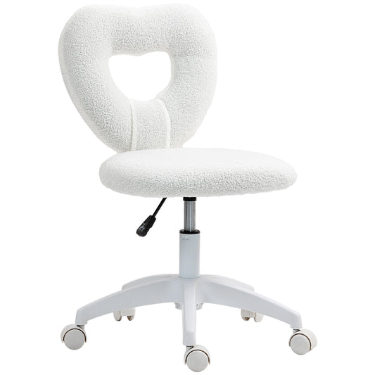 HOMCOM Armless Heart Computer Desk Chair, Swivel Office/Vanity Chair, Height Adjustable with Wheels, Teddy Fleece, White