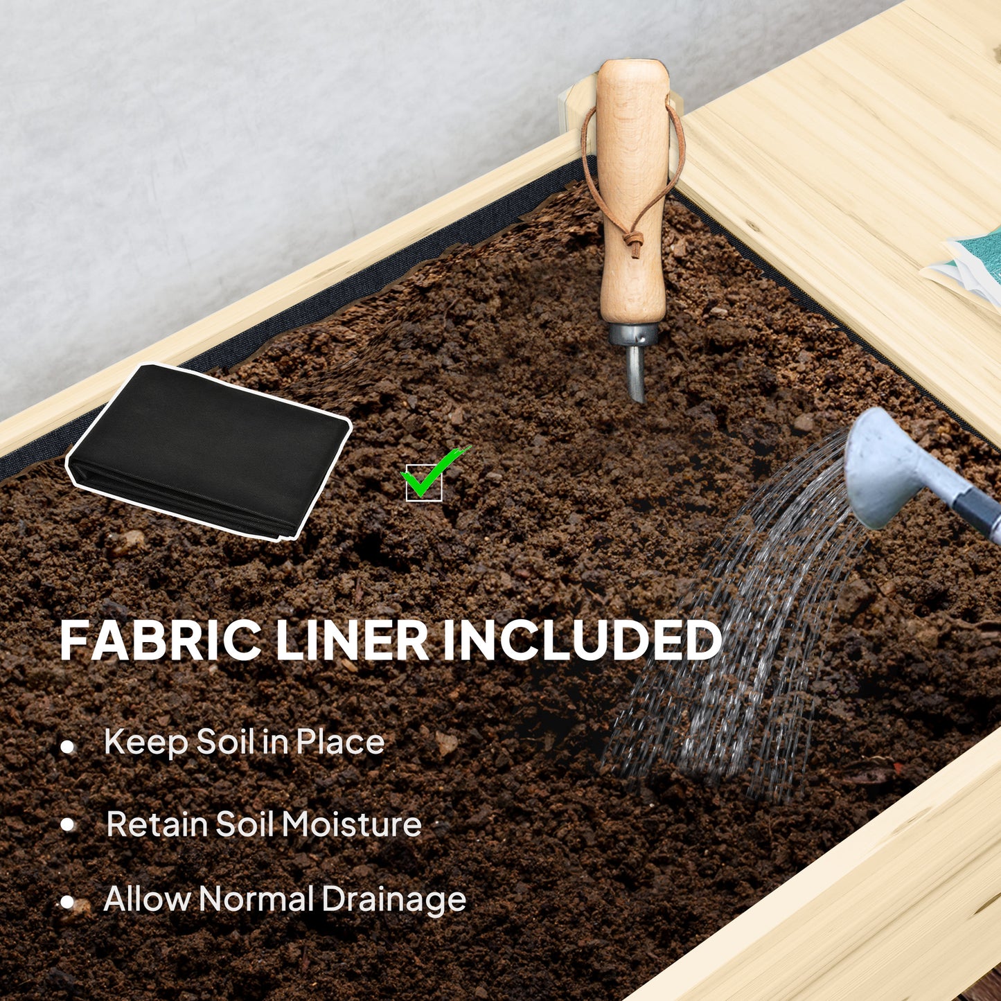 Outsunny Raised Garden Bed, Wooden Planter Box with Wheels, Side Tables, Shelf, Liner & Drainage Holes