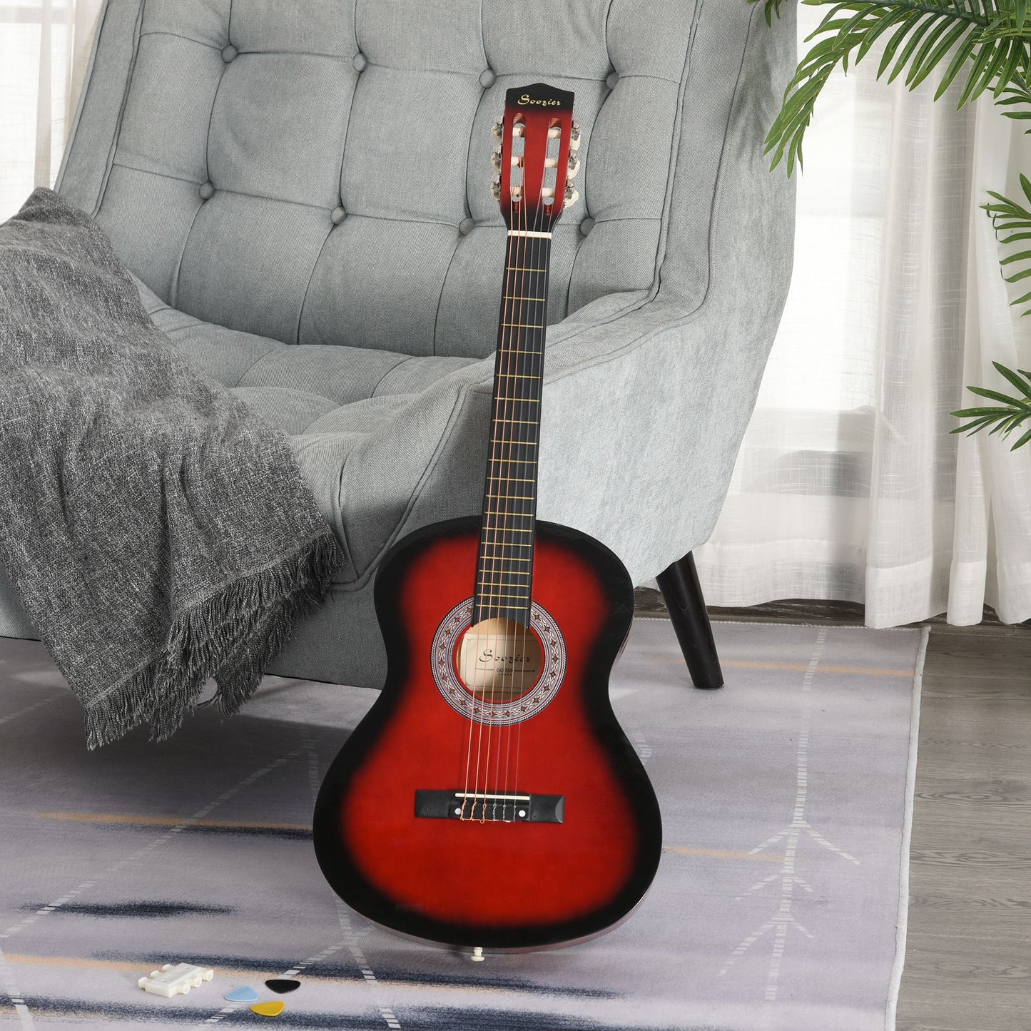 HOMCOM 36" 3/4 Beginner Acoustic Guitar Set, with Protective Case, Red