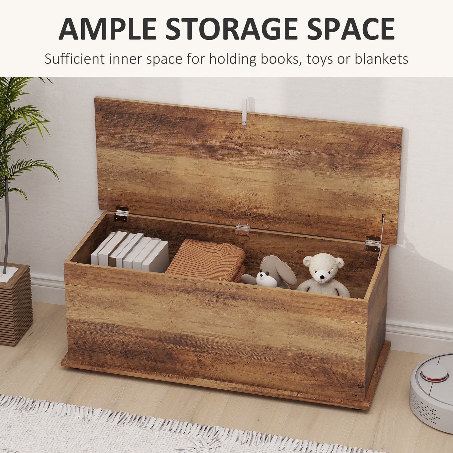 HOMCOM 113L Storage Chest, Flip-Top Lid, 2 Safety Hinges, Trunk for Living Room/Entryway, Grey Wood Grain