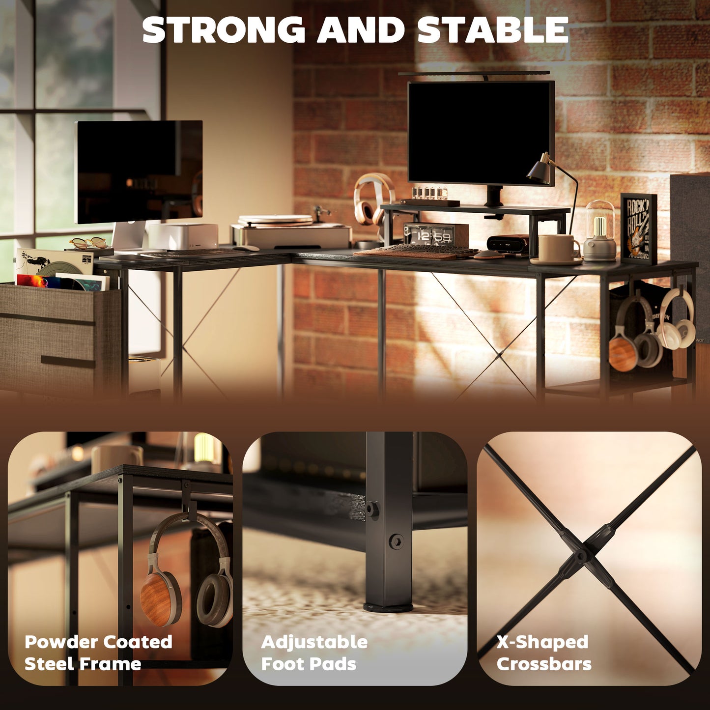HOMCOM 168cm Reversible L-Shaped Industrial Desk, Adjustable Shelf, Storage Bag, 240cm 2-Person Desk, Black