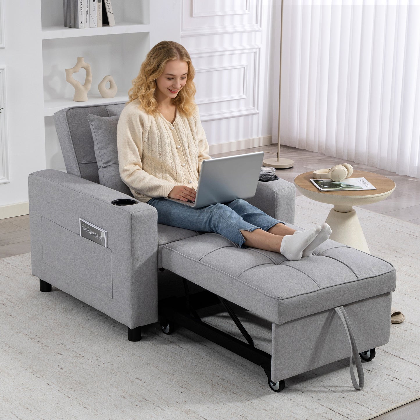 HOMCOM 3-in-1 Single Sofa Bed, Convertible Sleeper Chair Bed - Light Grey