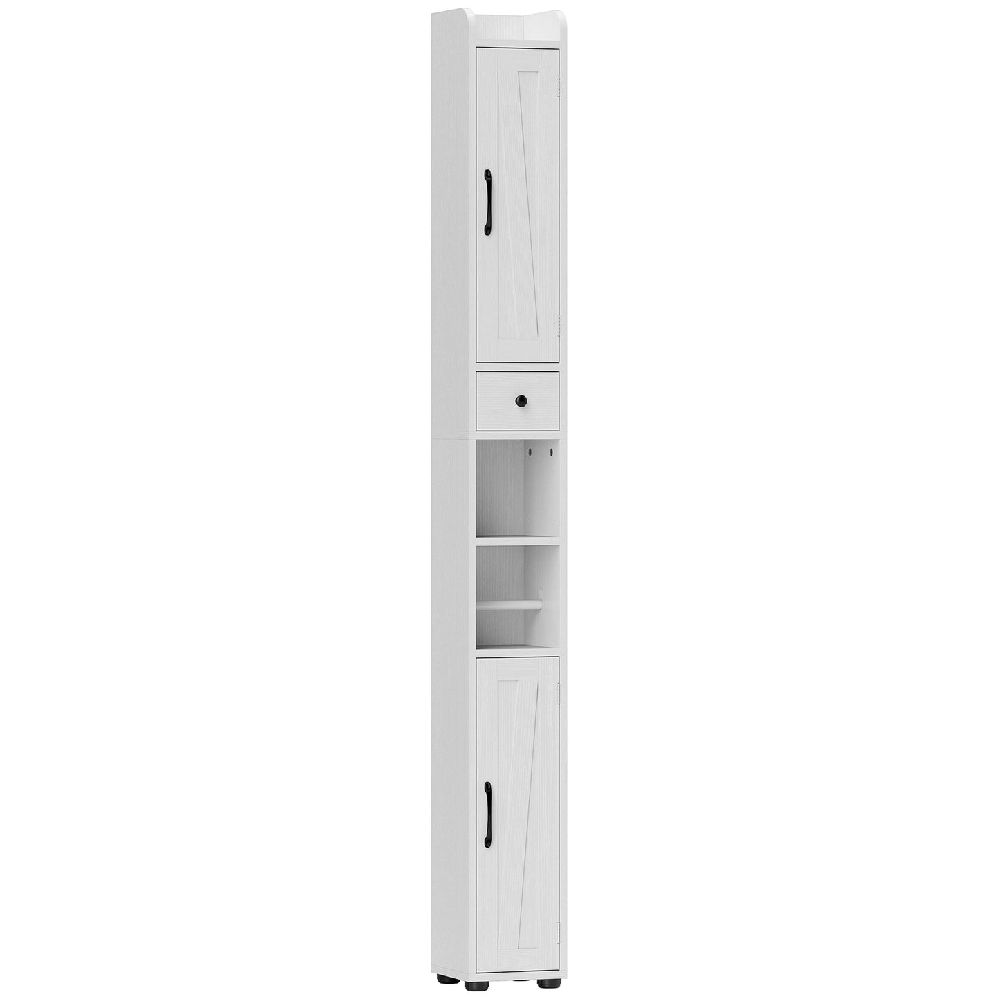 HOMCOM Tall Bathroom Cabinet, Slim Farmhouse Storage with Barn Doors, Toilet Paper Holder, Drawer & Adjustable Shelves, 185cm, White