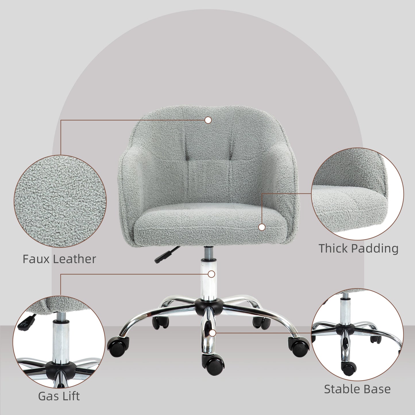 HOMCOM Computer Desk Chair, Fluffy Fabric Swivel Office Chair, Makeup Vanity Chair with Height Adjustable, Wheels, for Home Study Bedroom, Grey