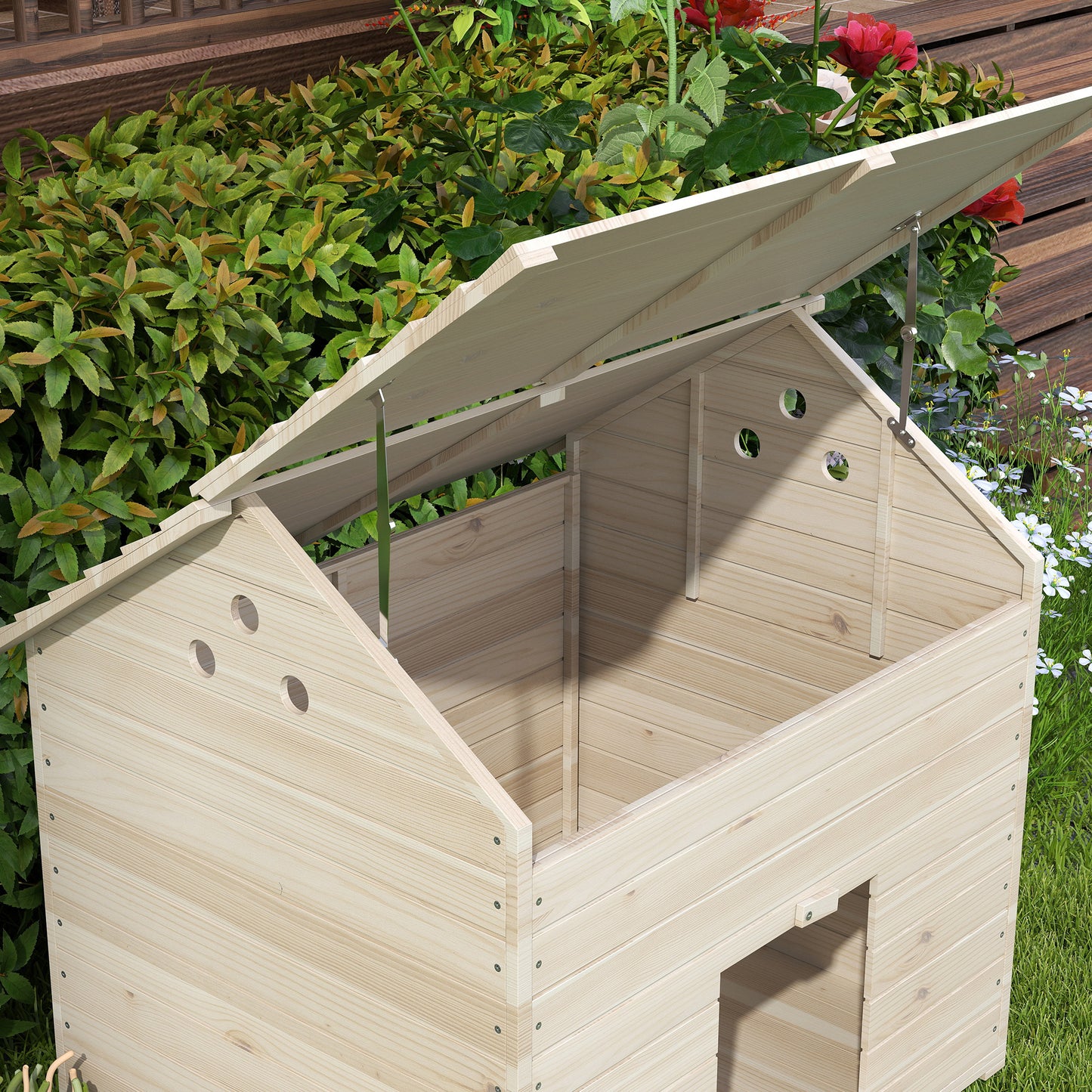 PawHut Wooden Duck House Poultry Coop for 2-4 Ducks with Openable Roof Raised Feet Air Holes Natural