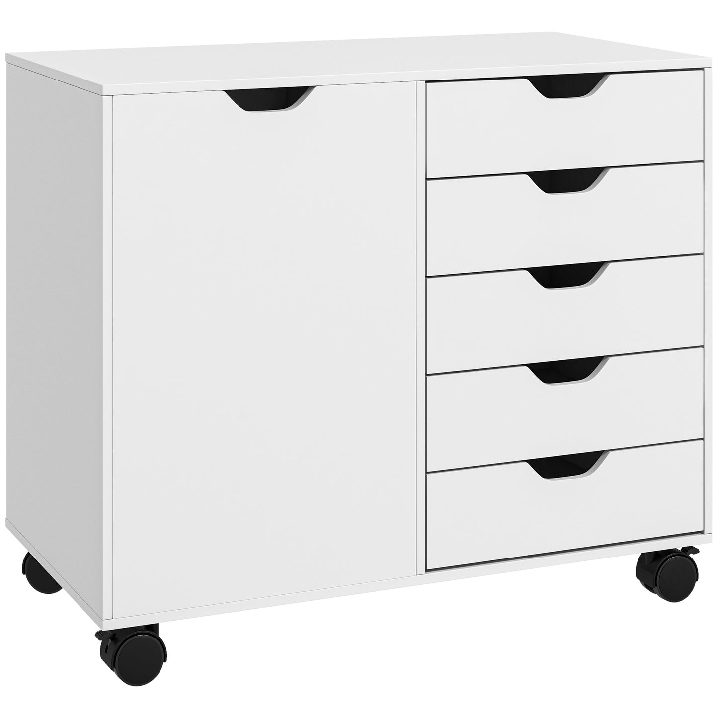 HOMCOM Mobile Office Storage Cabinet with 5 Drawers, Door and Adjustable Shelf for Home Office, White