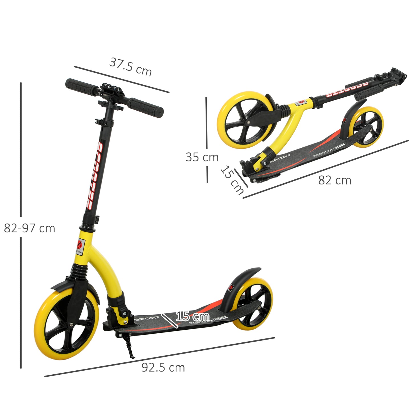 HOMCOM Foldable Kick Scooter, Double Shock Absorption, Big Wheels, Height Adjustable Aluminum Frame for 14+ Teens/Adults - Yellow
